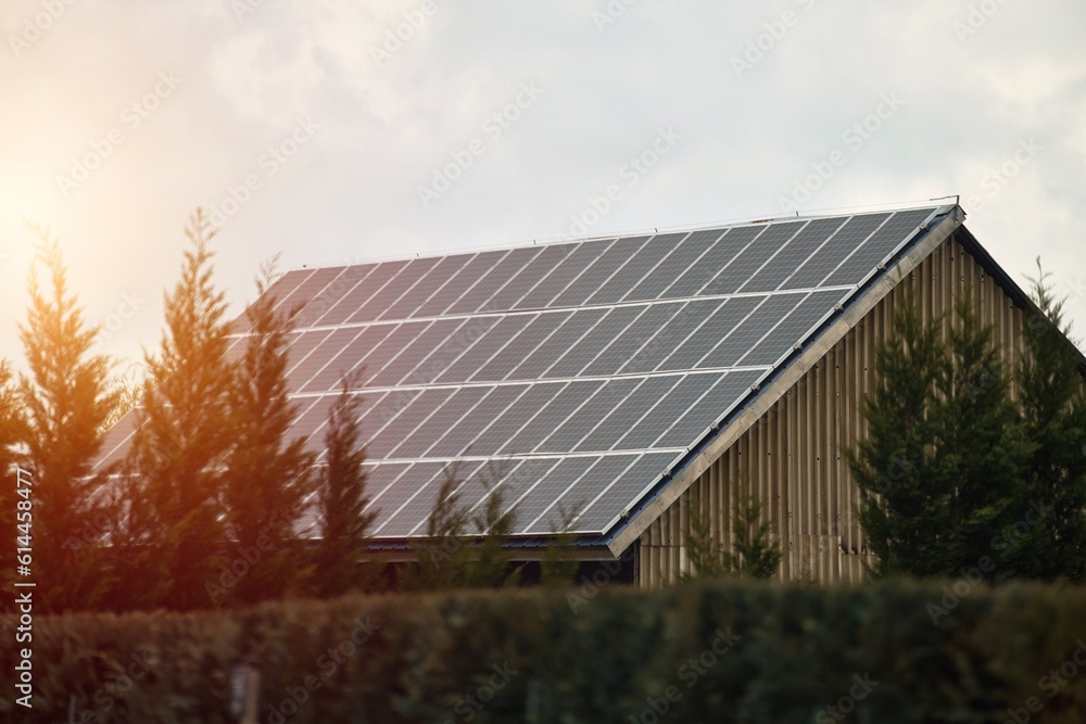 Concept of sustainable future. Solar roof installation company. Solar Panels and Photovoltaic. Concept of sustainable future. Solar roof installation company. Solar Panels and Photovoltaic.