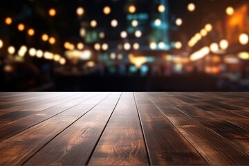 Empty wooden table and bokeh lights blurred outdoor cafe background. High quality photo