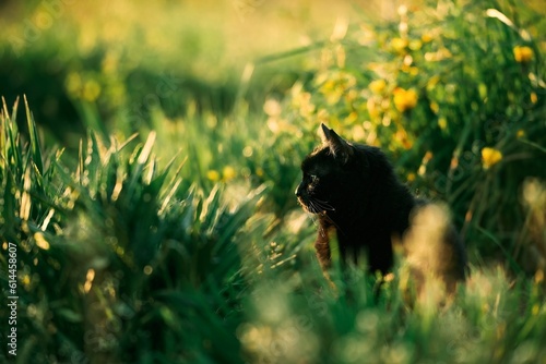 Pet in the grass. Cats and ticks in springtime. Sunset in the suburban.