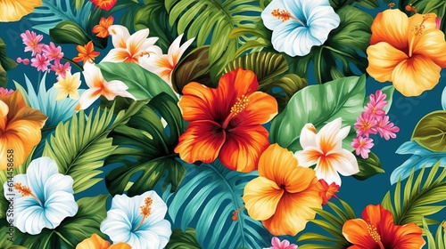 Tropical floral pattern with bright hibiscus flowers and exotic palm leaves. Exotic jungle wallpaper. Generative AI. Illustration for textile, fabric, interior design, packaging, greeting card, print.