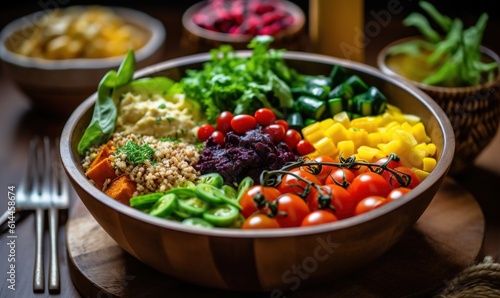  a wooden bowl filled with lots of different types of vegetables next to a fork and a bowl of other food on a table with silverware. generative ai