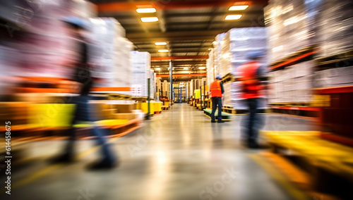 Logistics business warehouse, shipment and loading concept. workers in reflective vests blurred with movement. Staff in a warehouse move between storage racks, motion blur background