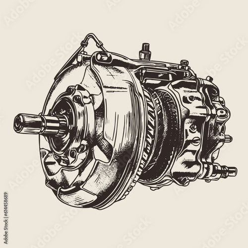 brake booster vector drawing. Isolated hand drawn, engraved style illustration