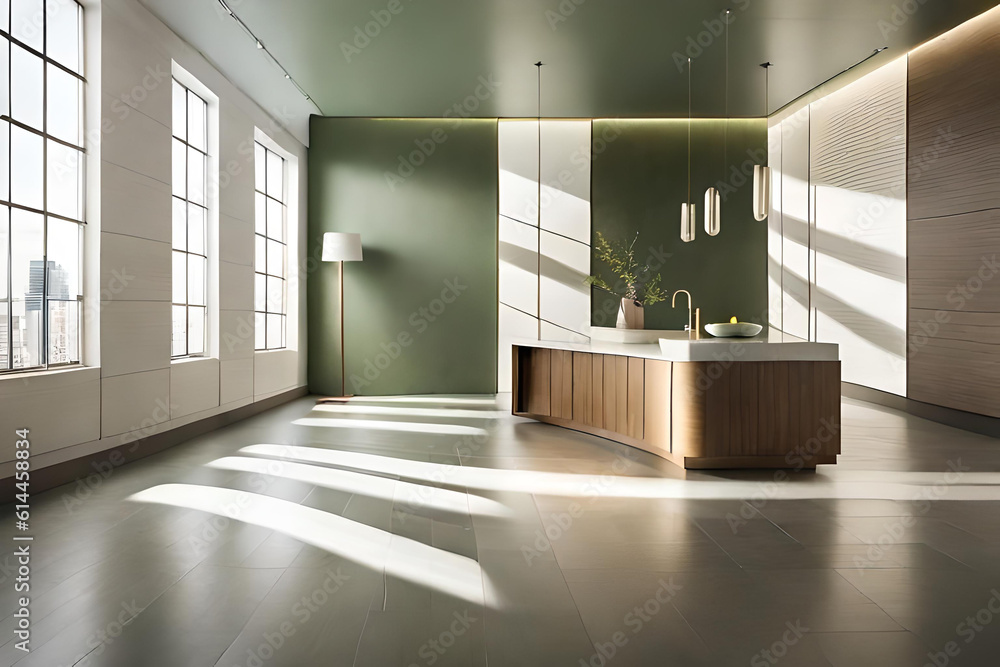 Fototapeta premium A Muted Sage Stone Curve Counter Podium, Featuring a Natural Textured Surface, Illuminated by Soft, Beautiful Dappled Sunlight