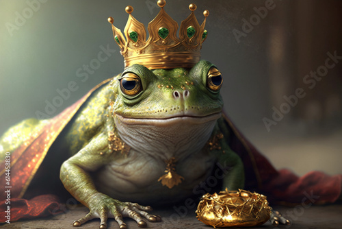 An amusing frog with a royal king costume  complete with a golden crown  adding a touch of regal charm. Ai generated