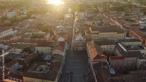 ravenna city piazza del popolo square aerial view drone at sunrise dawn tilt up