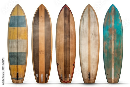 Collection of vintage wooden fishboard surfboard isolated on white with clipping path for object, retro styles, Generative AI photo