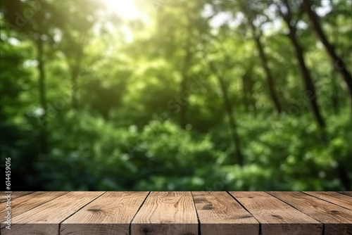 Wooden table top on blur green forest with bokeh background. High quality photo