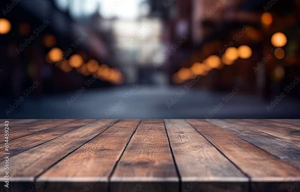 Empty wooden table for product display montages with road bokeh background. High quality photo