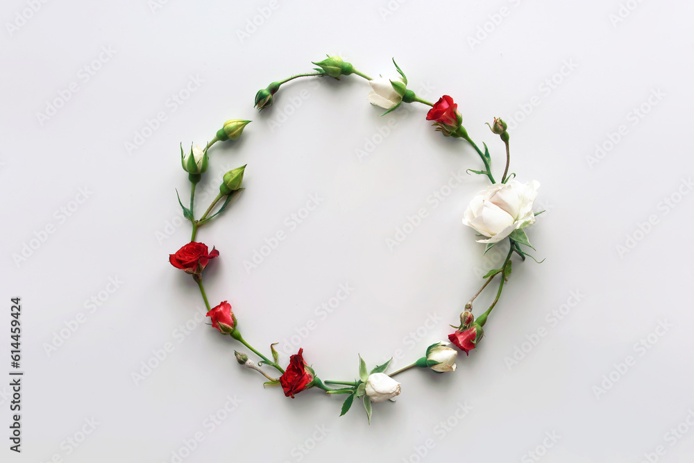 Flowers composition. Wreath made of pink rose flowers on white background. Flat lay, top view, copy space.