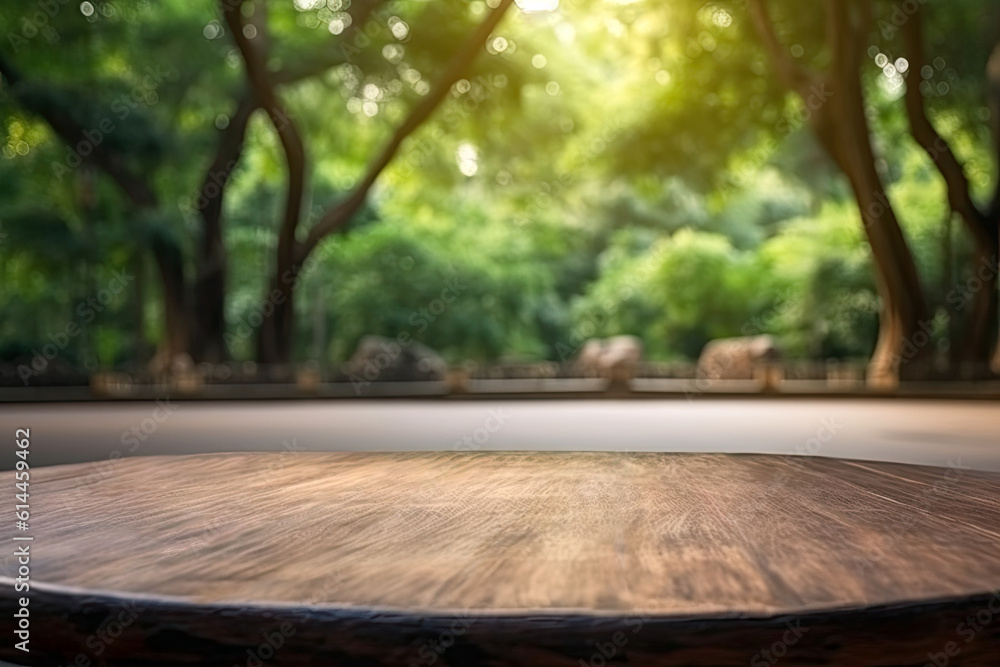 Empty wooden round table and blurred background of green park in summer. High quality photo Empty wooden round table and blurred background of green park in summer. High quality photo