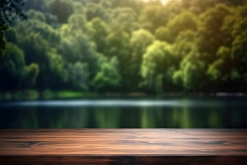 The empty wooden table top with blur background of summer lakes green forest. High quality photo