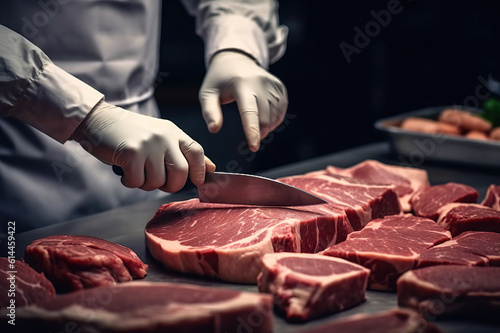 Mastering the Art of Meat Cutting Skilled Butcher Crafting Culinary Delights. created with Generative AI