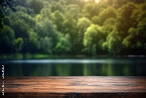 Fotografie, Tablou The empty wooden table top with blur background of summer lakes green forest