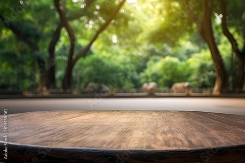 Empty wooden round table and blurred background of green park in summer. High quality photo