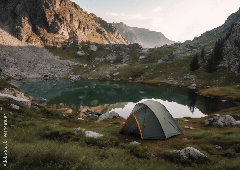 campsite tent by the lake in mountains, Generative AI