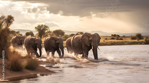 Elephants traveling through water