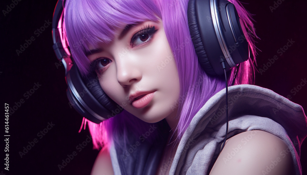 Female streamer dressed as Japanese Anime.Happy gamer, teenager girl and headphones, online games or virtual competition. Female streamer, computer live streaming and gaming neon lighting, 