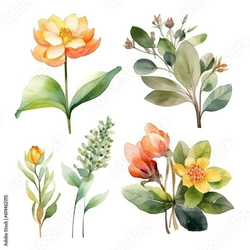 Watercolor flowers set. Painted illustration isolated on white background. By Generative AI.