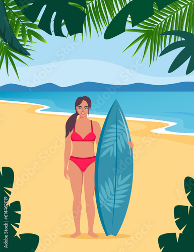 Young woman surfer with surfboard standing on the beach. Smiling surfer girl. Vector illustration. © Alena