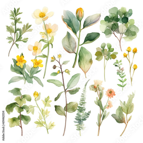 Watercolor set of wildflowers and herbs. Illustration design. By Generative AI.