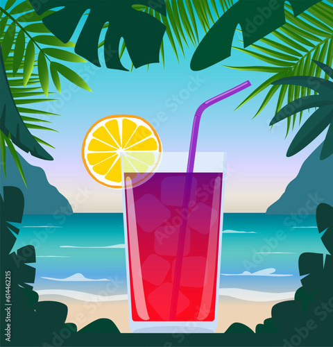 Exotic cocktail in beach bar on seashore. Cocktail with straw  lemon wedge and umbrella  surrounded by tropical leaves. Summer vacation concept. Beach bar poster. Summer party. Vector illustration.