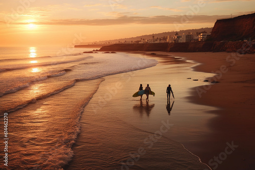 Surfers during sunset in Taghazout, Morocco