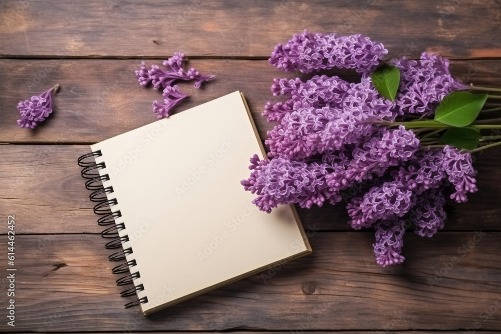 Bunches of lilac on brown wood old table with blank notebook, space for text