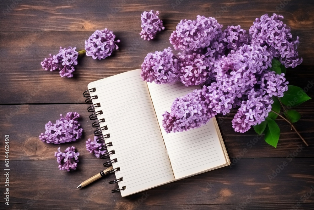 Bunches of lilac on brown wood old table with blank notebook, space for text