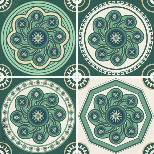 vector illustration set tibetan seamless fabric print mandala art pattern seamless floral pattern green tones india bhutan japan tibet mongolia sri lanka