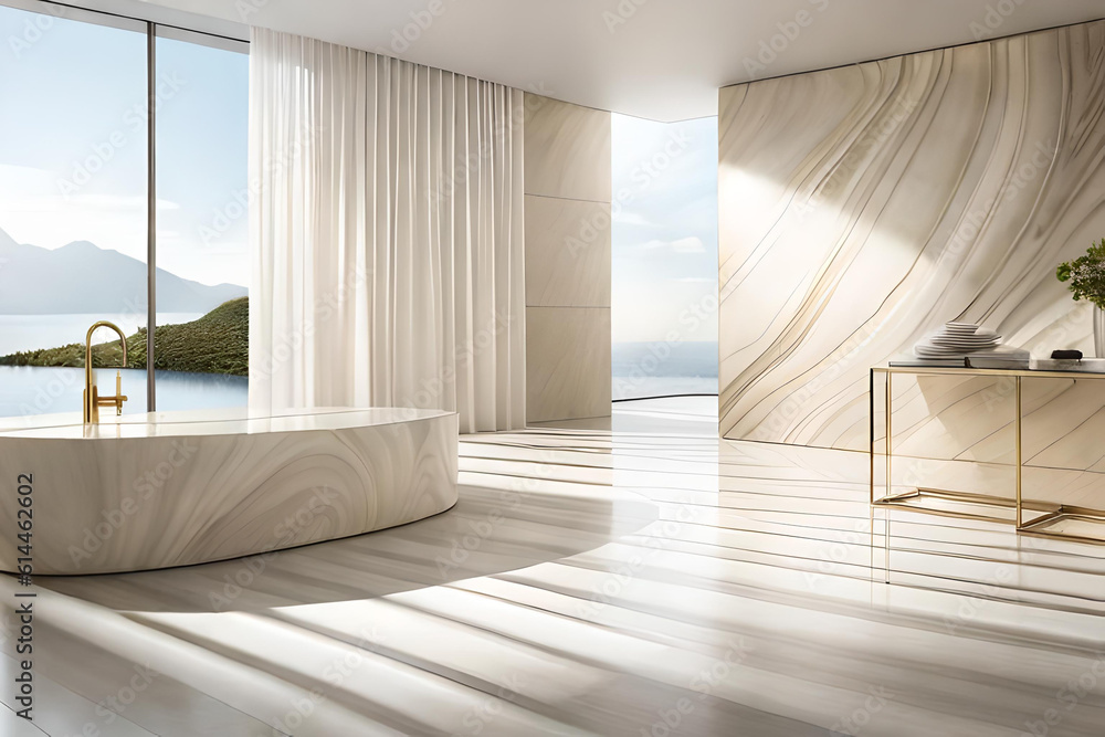 Fototapeta premium Ivory Gold Marble Curve Counter Podium, Exquisitely Textured, Bathed in Soft, Beautiful Dappled Sunlight