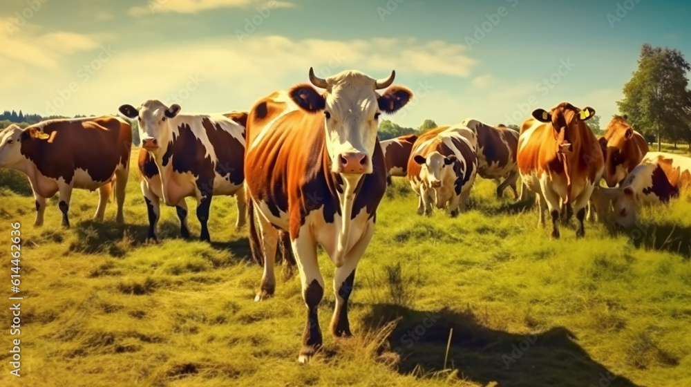 Generative AI image of serene pastoral scene: Content cows leisurely graze in a sun-kissed meadow, their gentle movements and warm hues blending harmoniously with the lush greenery