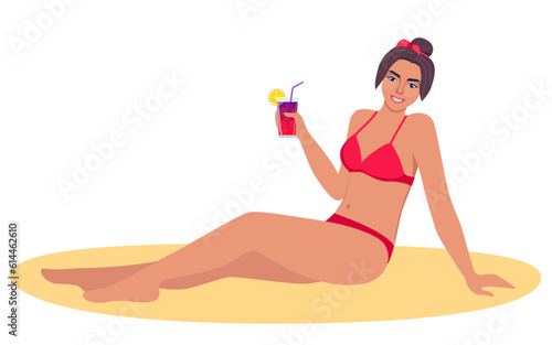 Woman dressed in swimsuit sunbathing on the beach with cocktail in her hand and smiling. Summer vacations. Beautiful sexy girl in bikini. Vector illustration.