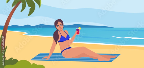 Woman dressed in swimsuit sunbathing on the beach with cocktail in her hand and smiling. Summer vacations. Beautiful sexy girl in bikini. Vector illustration. © Alena
