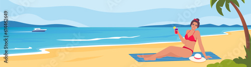 Woman dressed in swimsuit sunbathing on the beach with cocktail in her hand and smiling. Summer vacations. Beautiful sexy girl in bikini. Vector illustration.