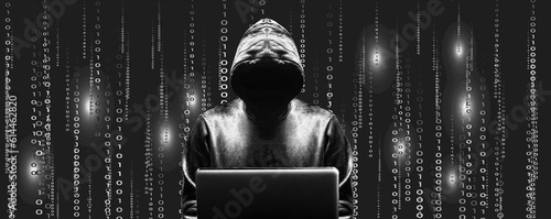 Silhouette centrée du cybercriminel devant son écran d'ordinateur portable sur fond de données binaires en noir et blanc et niveau de gris photo