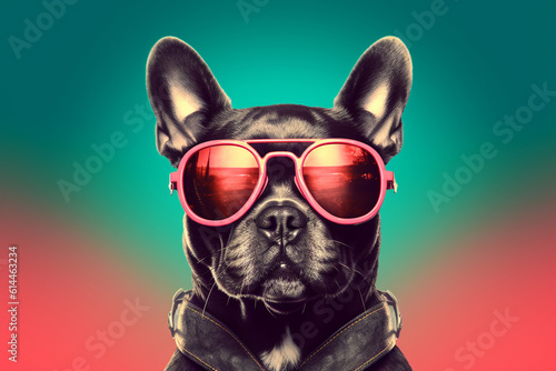 A funny dog wearing sunglasses, exuding a playful and lighthearted vibe with its colorful and amusing appearance. Ai generated © dragomirescu