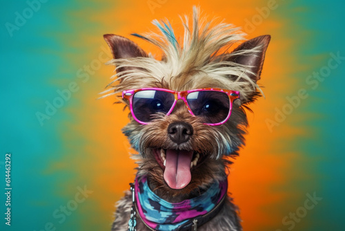 A funny dog wearing sunglasses  exuding a playful and lighthearted vibe with its colorful and amusing appearance. Ai generated