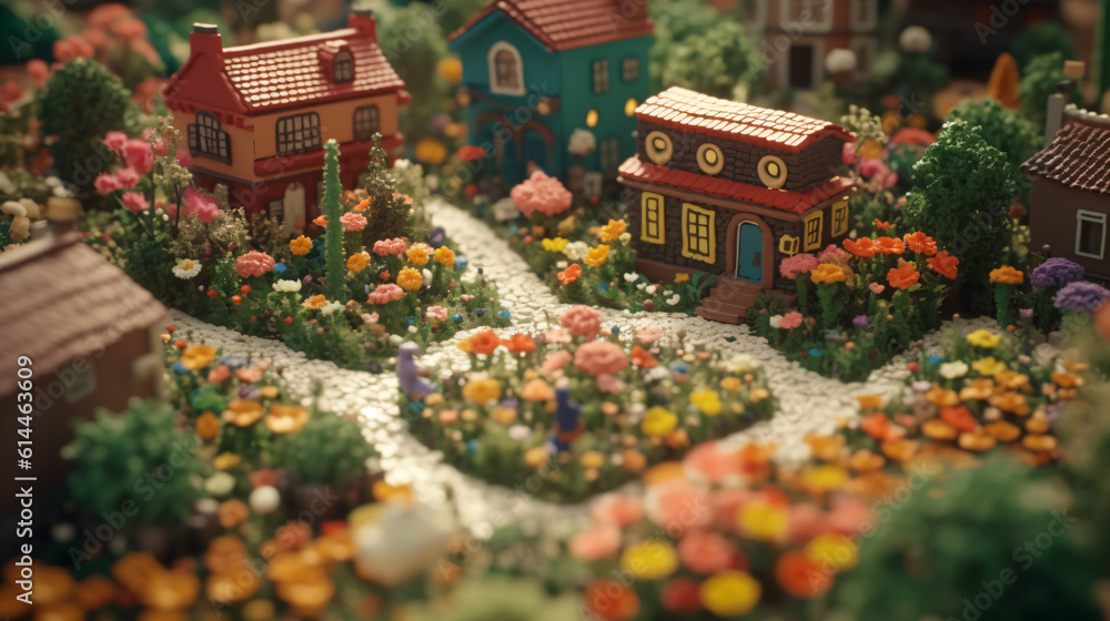 A close-up of a model of a garden with houses and flowers Generative Ai A close-up of a model of a garden with houses and flowers Generative Ai