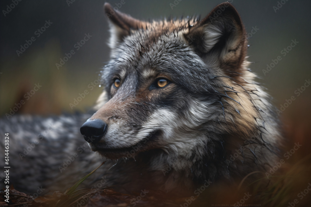 Fototapeta premium A close up of a wet grey wolf with a blurry background Generative Ai