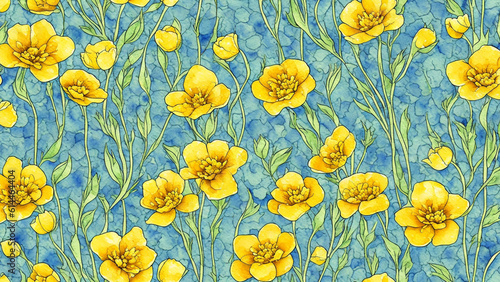 watercolor Beautiful Buttercup flower  tile seamless repeating pattern