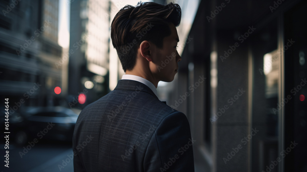 An asian man in a suit standing on a city street from the back Generative Ai An asian man in a suit standing on a city street from the back Generative Ai