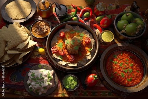 top view photo of mexican food with variety vegetables around a wooden table with sunlight and shadows