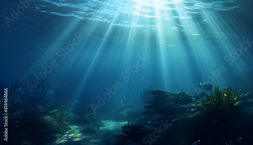 Underwater sea in blue sunlight, Based on, Generative AI