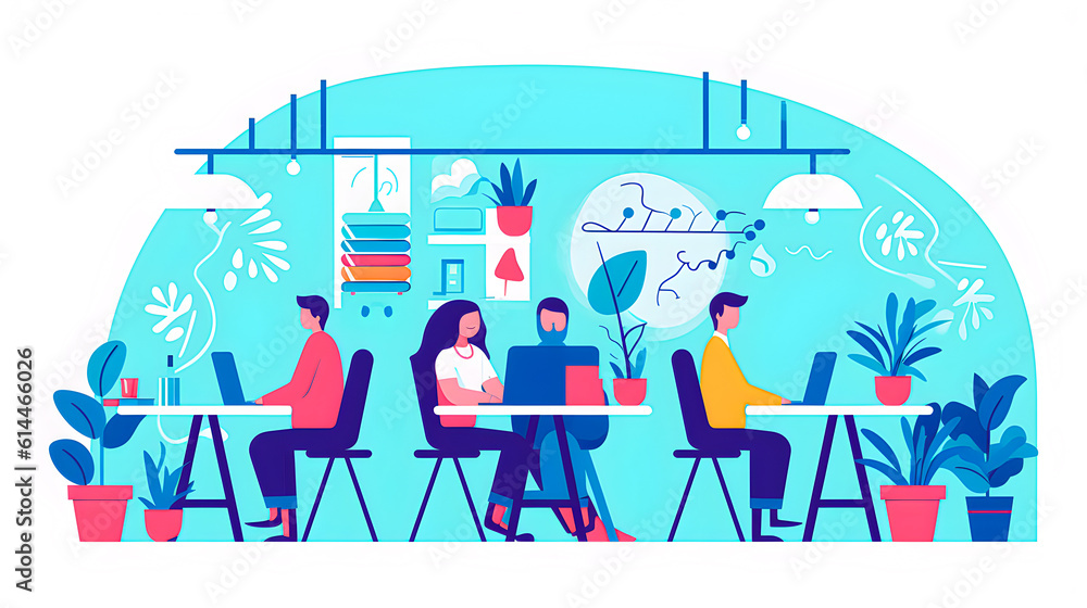 Employees working as a team in an ecofriendly office or workspace. Modern and sustainable work environment. Vector with white background. Generative ai.