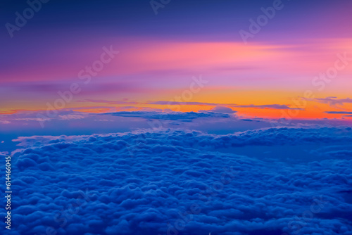 Beautiful sky above the clouds, top view from fly, aerial view of clouds and,