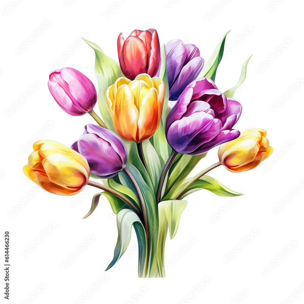 Fototapeta premium Watercolor Tulip Bouquet Beautiful Color isolated on Transparency Background.