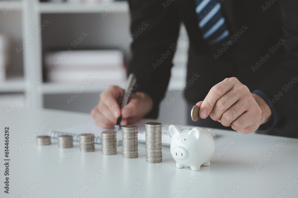 Person with pile of coins and piggy bank, money saving concept for future use and financial stability, salary management, personal finance, investment savings. Person with pile of coins and piggy bank, money saving concept for future use and financial stability, salary management, personal finance, investment savings.
