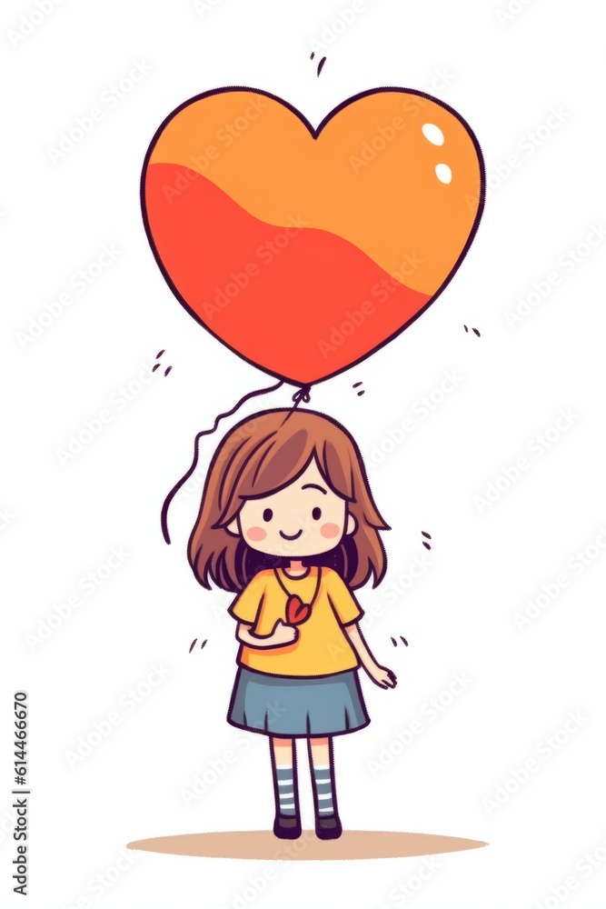 Illustration of a young girl holding a heart-shaped balloon on a white background - created with Generative AI technology Illustration of a young girl holding a heart-shaped balloon on a white background - created with Generative AI technology