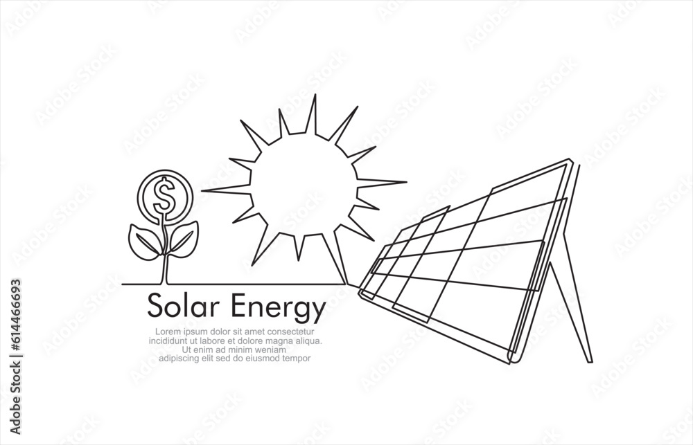 Solar energy in continuous line art drawing style. Solar panels facing ...